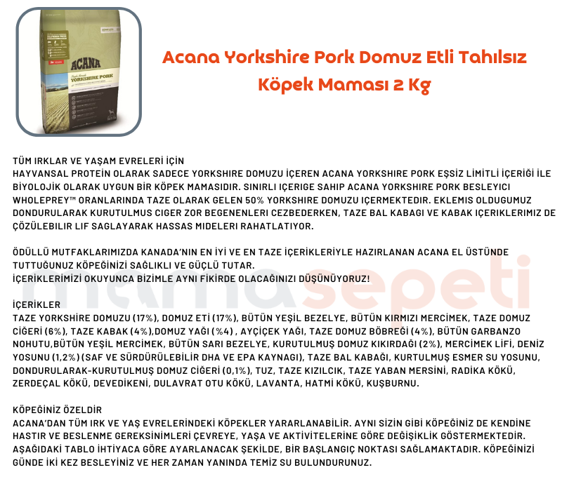 Acana Yorkshire Pork Domuz Etli Tahılsız Köpek Maması 2 Kg