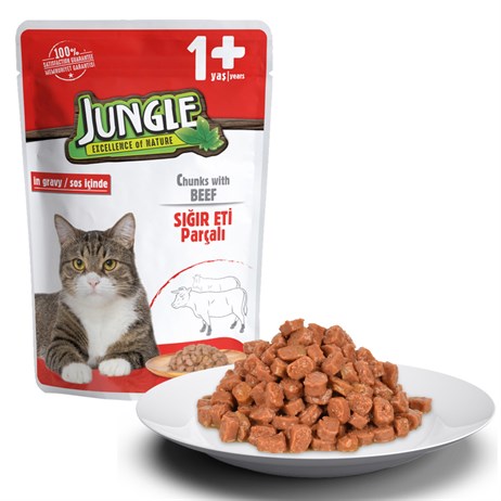 Jungle Pouch Sığır Eti Parçalı Soslu Yetişkin Kedi Konservesi 100gr