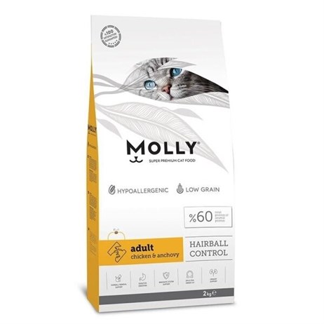 Molly Hairball Control Hypo-Allergenic Tavuklu ve Hamsili Düşük Tahıllı Yetişkin Kedi Maması 2 kg